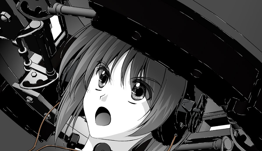 bangs close-up dutch_angle face girls_und_panzer ground_vehicle headphones microphone military military_vehicle monochrome motor_vehicle nishizumi_miho open_mouth panzerkampfwagen_iv short_hair solo sousei_ou tank tank_interior throat_microphone