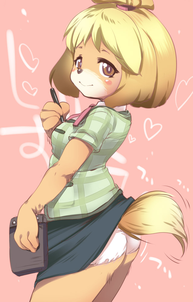 1girl animal_ears ass blonde_hair blush blush_stickers breasts brown_eyes butt canine dog dog_ears dog_tail doubutsu_no_mori female fujisaki_hikari furry hair isabelle_(animal_crossing) looking_back mammal necktie nintendo panties pen shizue_(animal_crossing) shizue_(doubutsu_no_mori) short_hair skirt skirt_lift smile sweat tail tail_wagging tailwag underwear uniform upskirt video_games white_panties