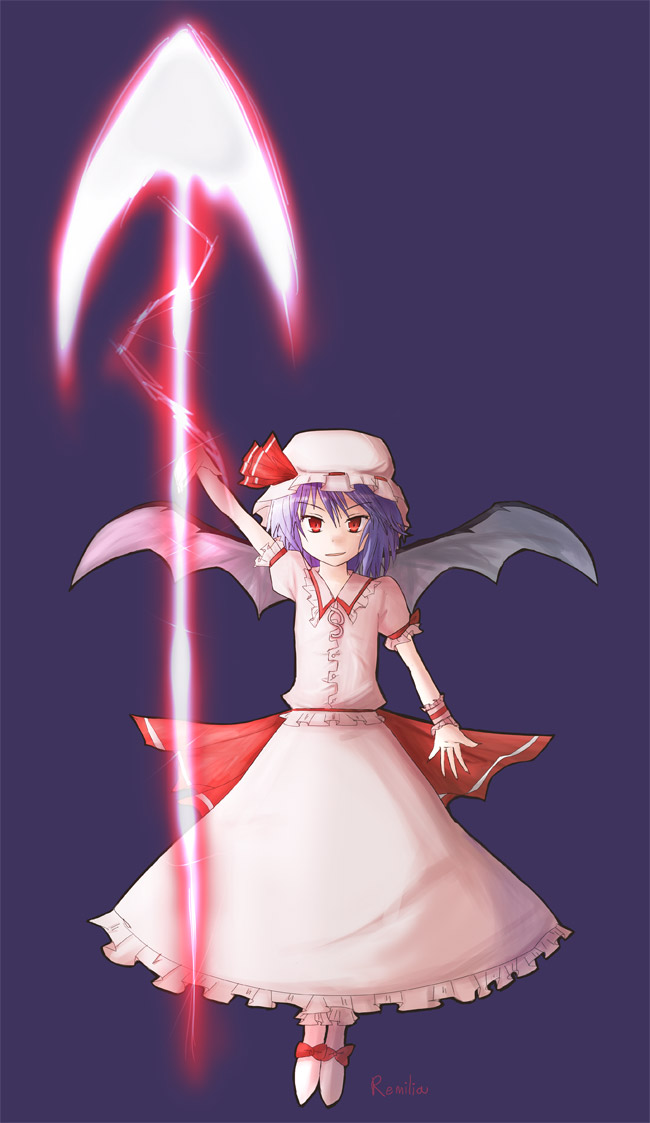bat_wings energy_weapon hat hat_ribbon looking_at_viewer mob_cap pink_eyes puffy_short_sleeves puffy_sleeves red_eyes remilia_scarlet ribbon shiki_(no-reply) short_hair short_sleeves solo spear_the_gungnir standing touhou wings