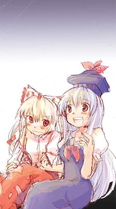 :d blue_dress bow bowtie dress fujiwara_no_mokou hat kamishirasawa_keine long_hair long_sleeves looking_at_viewer marupeke multiple_girls open_mouth pants puffy_short_sleeves puffy_sleeves red_bow red_eyes red_neckwear short_sleeves silver_hair smile suspenders tate_eboshi touhou very_long_hair yuri