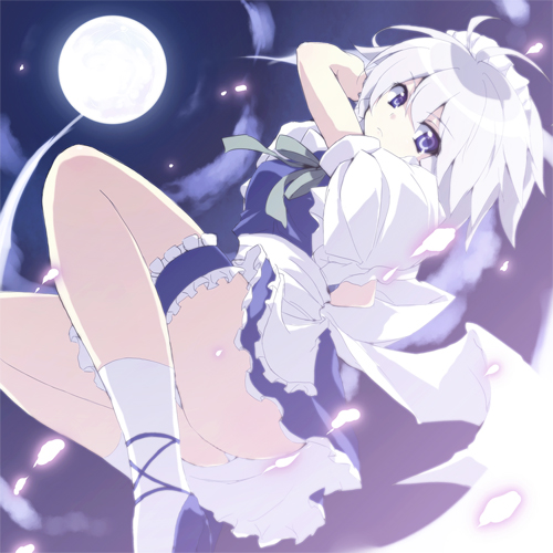 blue_eyes cloud full_moon izayoi_sakuya lowres maid moon night night_sky petals ribbon silver_hair sky solo touhou touya_(the-moon)