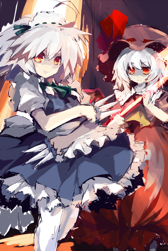 apron blue_dress cowboy_shot dress frills hat izayoi_sakuya looking_at_viewer maid_headdress mob_cap multiple_girls pantyhose puffy_short_sleeves puffy_sleeves red_eyes remilia_scarlet shaded_face short_sleeves standing touhou waist_apron white_legwear xexu