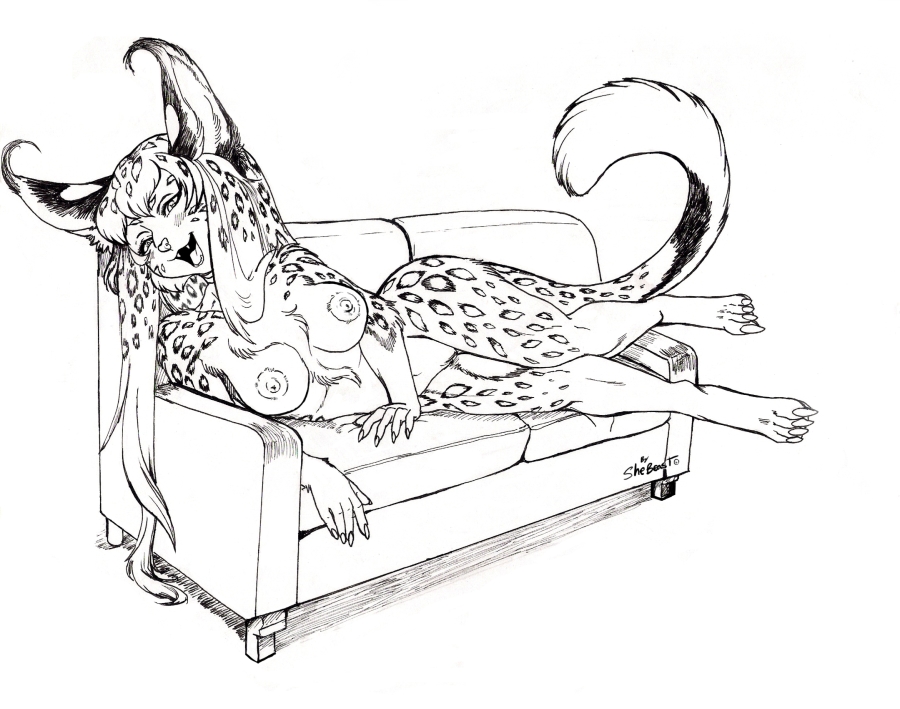 average_breasts blush breasts claws digitigrade ears_up erect_nipples fangs feline female flat_belly hair hands head_tilted long_hair looking_down lying lynx mammal markings monochrome navel nipples open_mouth plain_background pussy shebeast signature sofa spots tongue white_background