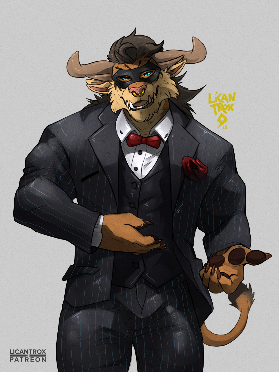 anthro charr clothed clothing eyemask facial_piercing felid fur guild_wars horn licantrox male mammal muscular muscular_male nose_piercing open_mouth piercing septum_piercing smile solo standing video_games