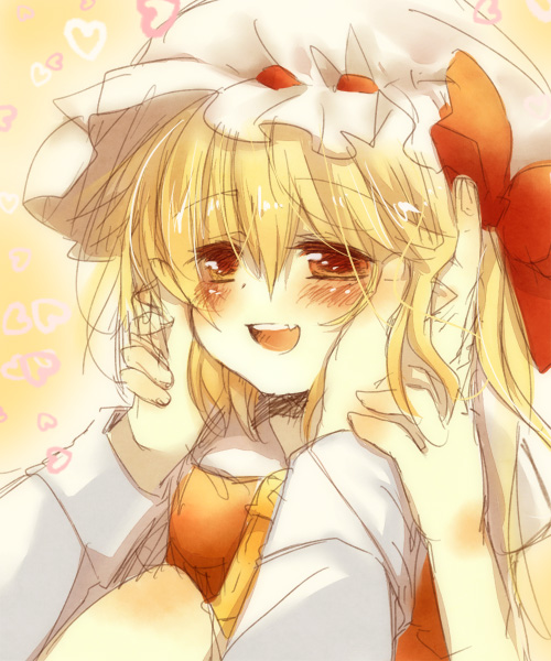 :d blonde_hair blush flandre_scarlet hands_on_another's_cheeks hands_on_another's_face hat hat_ribbon hetero open_mouth red_eyes ribbon side_ponytail sketch smile touhou uru_uzuki wings