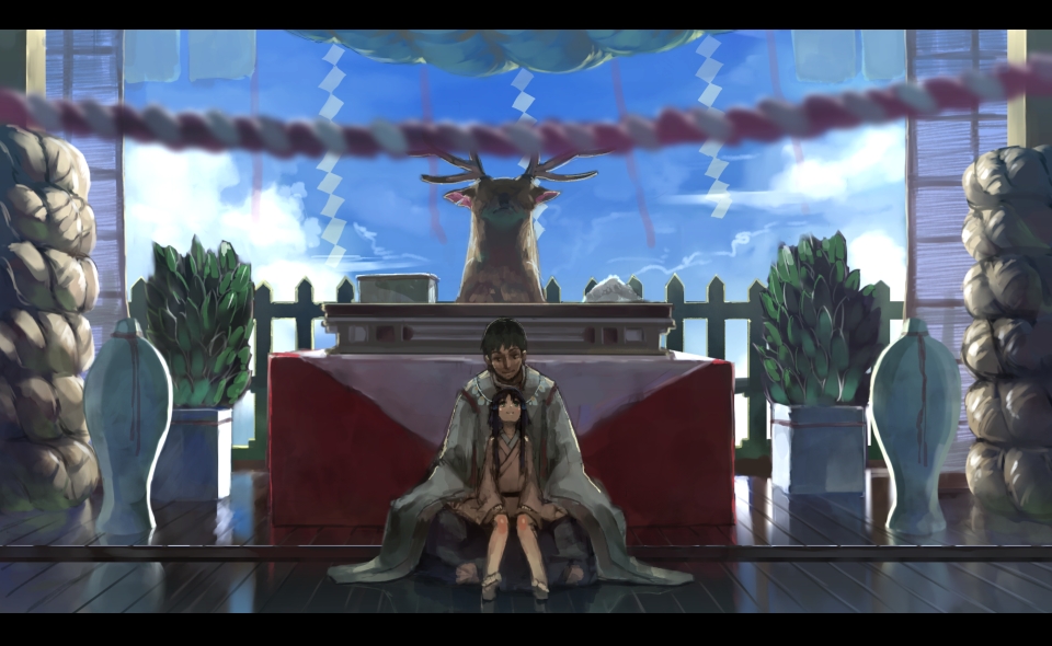 1girl barefoot benitama black_hair child cloud deer_head japanese_clothes letterboxed long_hair looking_up original rope shide short_hair shrine sitting sitting_on_lap sitting_on_person sky smile table taxidermy