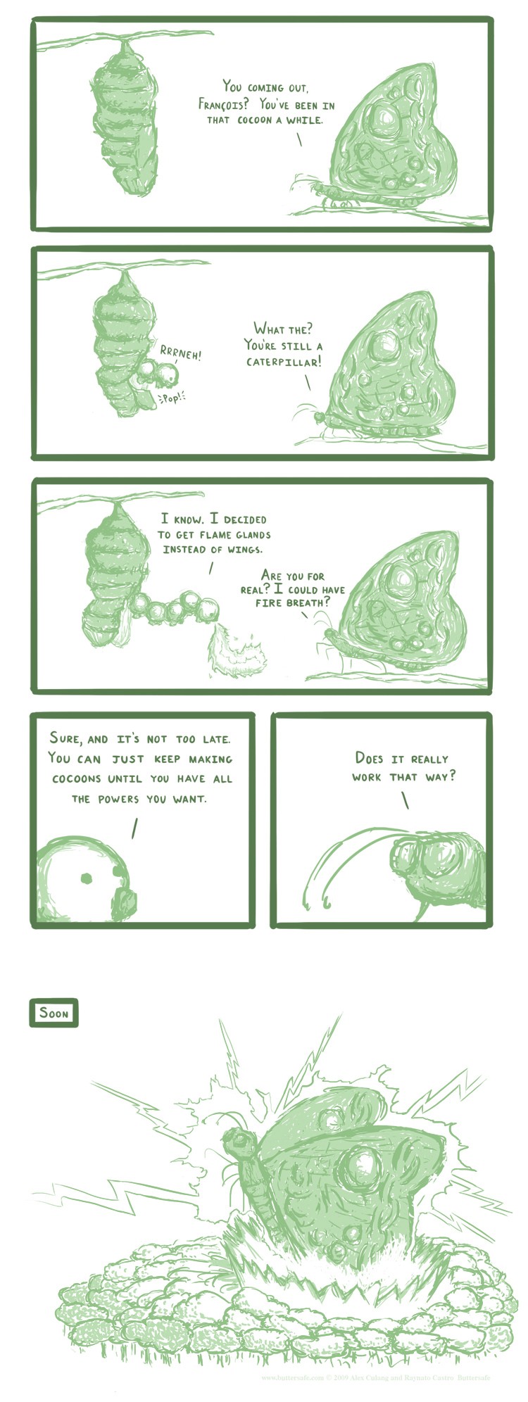 arthropod butterfly caterpillar cocoon comic dialog english_text fire green_theme humor insect metamorphosis super_powers superpower text tree wings