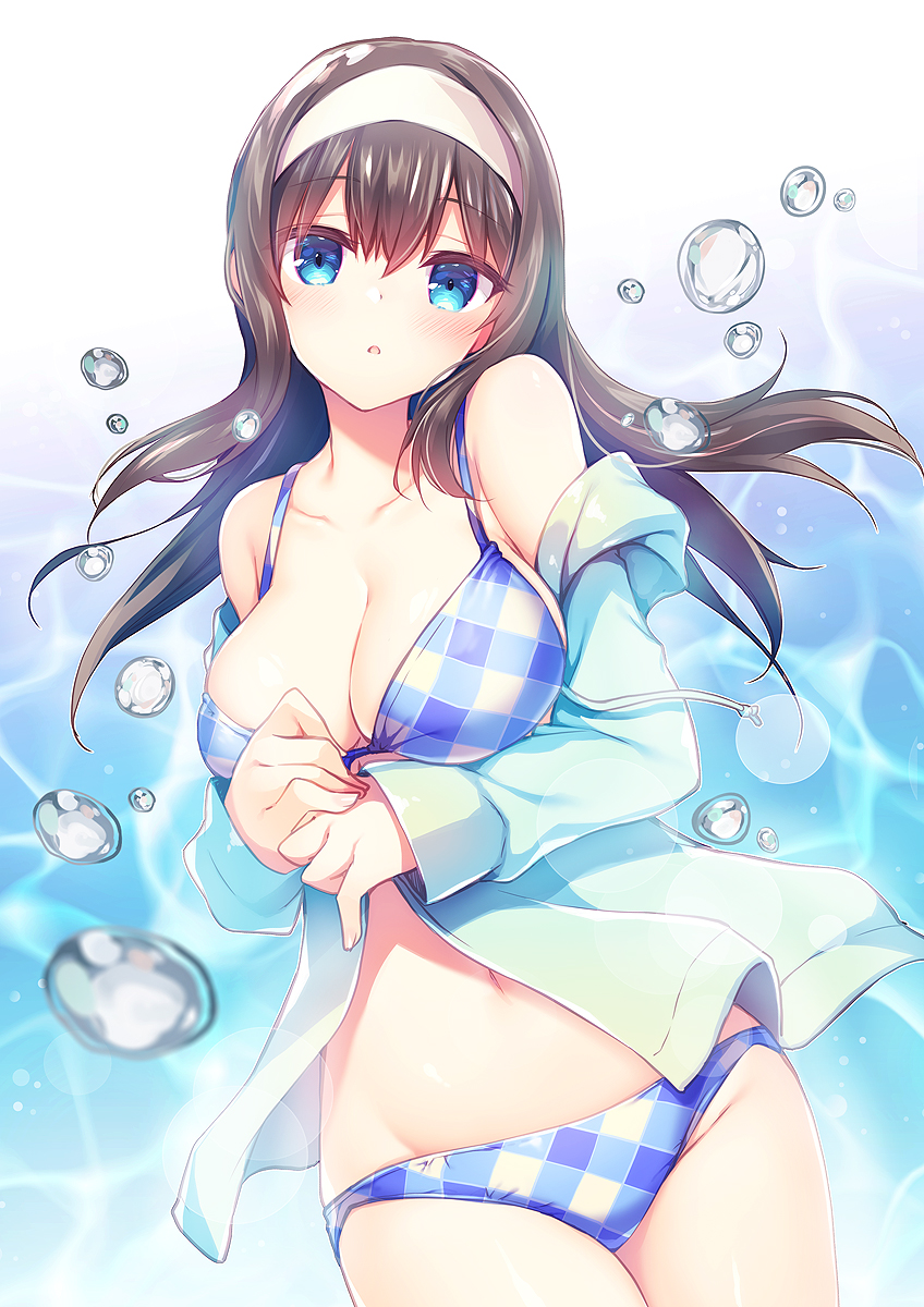 1girl :o armpit_crease bangs bare_shoulders bikini black_hair blue_bikini blue_eyes blue_jacket blush breasts bubble caustics checkered checkered_bikini cleavage collarbone commentary_request cowboy_shot eyebrows_visible_through_hair floating_hair groin gunp hairband highres idolmaster idolmaster_cinderella_girls jacket large_breasts long_hair long_sleeves looking_at_viewer navel off_shoulder open_clothes open_jacket parted_lips sagisawa_fumika sleeves_past_wrists solo standing stomach swimsuit water white_background
