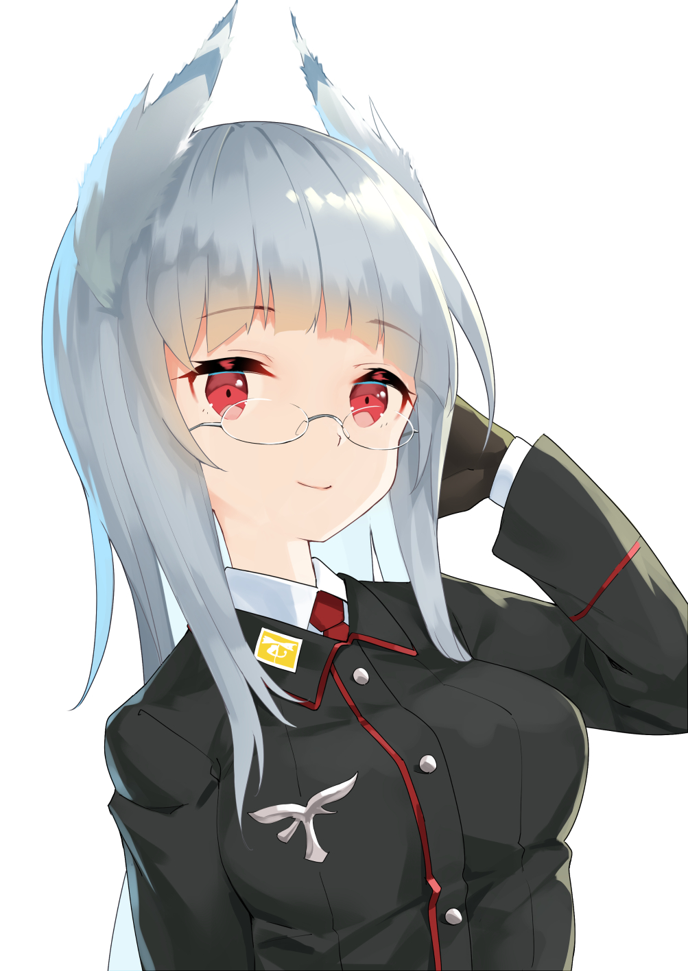 1girl animal_ears arm_at_side bangs black_gloves breasts buttons closed_mouth collared_shirt commentary_request emblem eyebrows_visible_through_hair glasses gloves grey_hair hand_up heidimarie_w_schnaufer highres long_hair long_sleeves looking_at_viewer medium_breasts military military_uniform necktie red_eyes red_neckwear rimless_eyewear round_eyewear shirt simple_background sleeves_past_wrists smile solo strike_witches undershirt uniform upper_body white_background white_shirt wing_collar world_witches_series yuuuuu