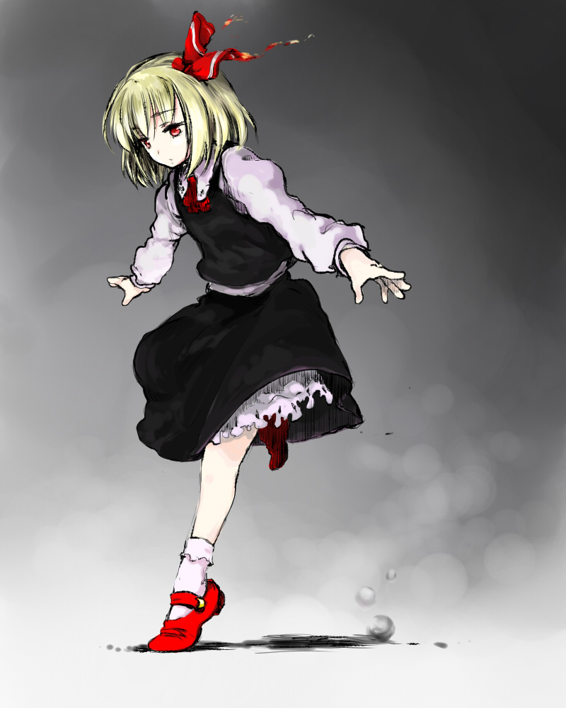 ascot blonde_hair hair_ribbon long_sleeves mary_janes outstretched_arms red_eyes ribbon rumia shirt shoes short_hair skirt socks solo touhou tsukino white_legwear