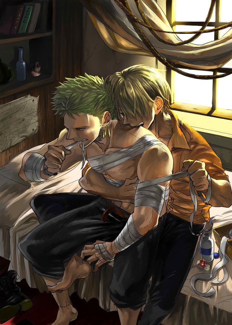 2boys bandage barefoot bed bite biting blonde_hair blue_eyes book bookshelf bookshelves boots bottle cotton earrings green_hair hair_over_one_eye jewelry male male_focus map multiple_boys one_piece rope roronoa_zoro sanji scar shelf shelves sitting topless window yaoi