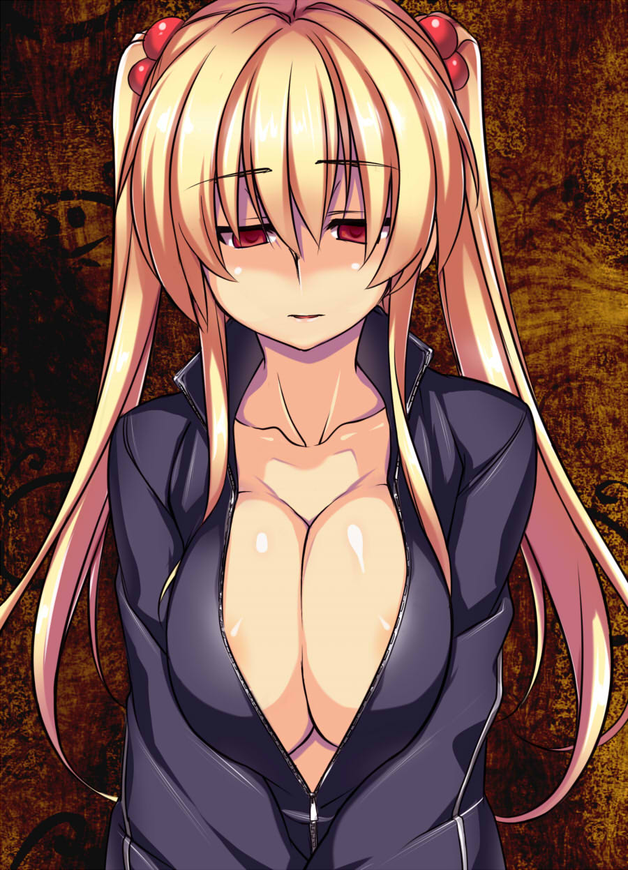 areolae bad_id bad_pixiv_id blonde_hair breasts catsuit character_request cleavage collarbone copyright_request hair_bobbles hair_ornament highres large_breasts long_hair open_mouth red_eyes shaded_face solo try unzipped zipper