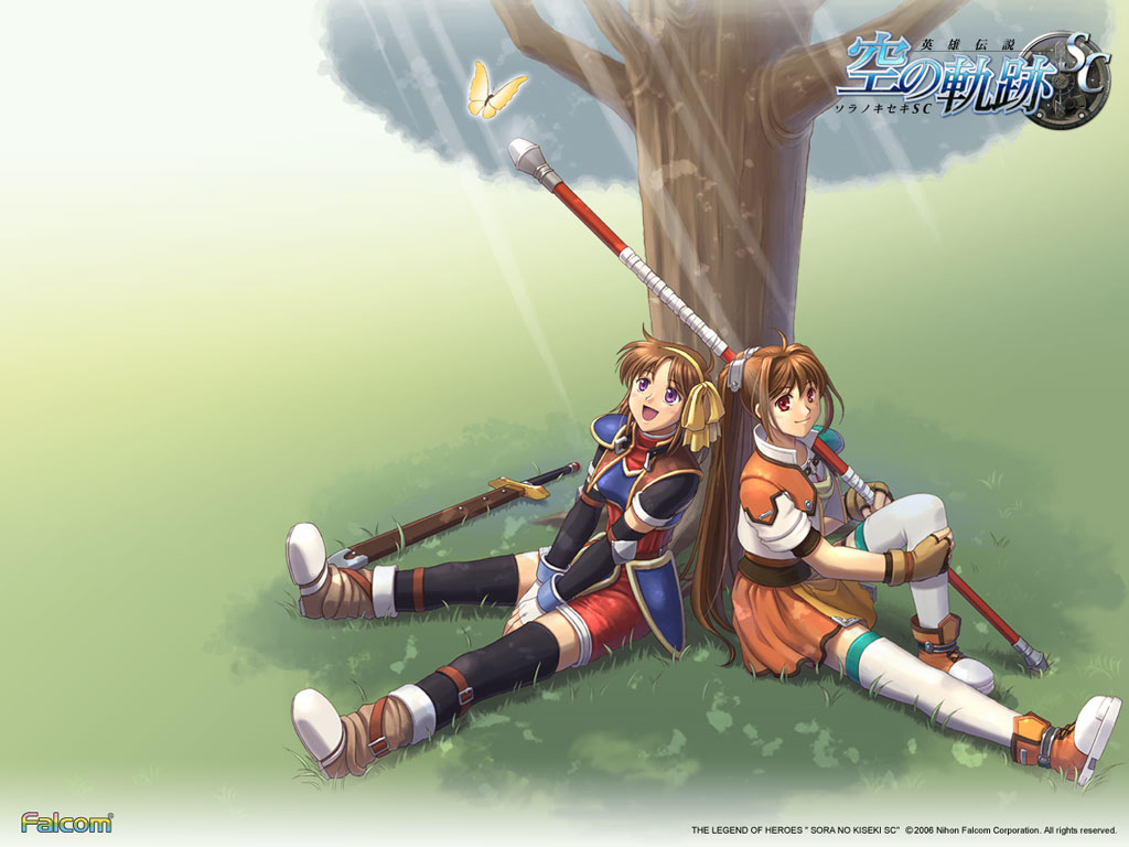 2girls anelace_elfead armor artist_request belt black_legwear boots bow brown_hair bug butterfly company_name copyright_name eiyuu_densetsu elbow_gloves estelle_bright fingerless_gloves gloves grass hair_bow hair_intakes hairband insect knee_boots light_rays long_hair multiple_girls official_art orange_skirt over_shoulder scabbard sheath shoes short_hair shorts sitting skirt smile sora_no_kiseki staff sunbeam sunlight thighhighs tree twintails v_arms white_legwear yellow_bow