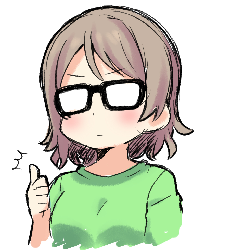 /\/\/\ 1girl :| black-framed_eyewear blush closed_mouth glasses green_shirt grey_hair love_live! love_live!_sunshine!! opaque_glasses robin16 shirt short_hair simple_background solo thumbs_up upper_body v-shaped_eyebrows watanabe_you white_background