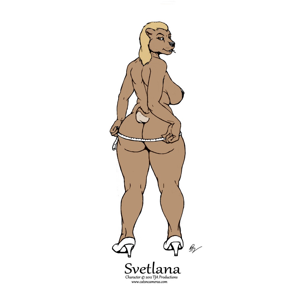 anthro back bear big_breasts big_butt blonde_hair breasts brown_eyes brown_fur butt cirrel edit female fur hair heels huge_butt looking_at_viewer looking_back mammal nipples nude short_hair short_tail side_boob solo standing svetlana_(cnc) tape_measure thick_thighs thighs voluptuous wide_hips