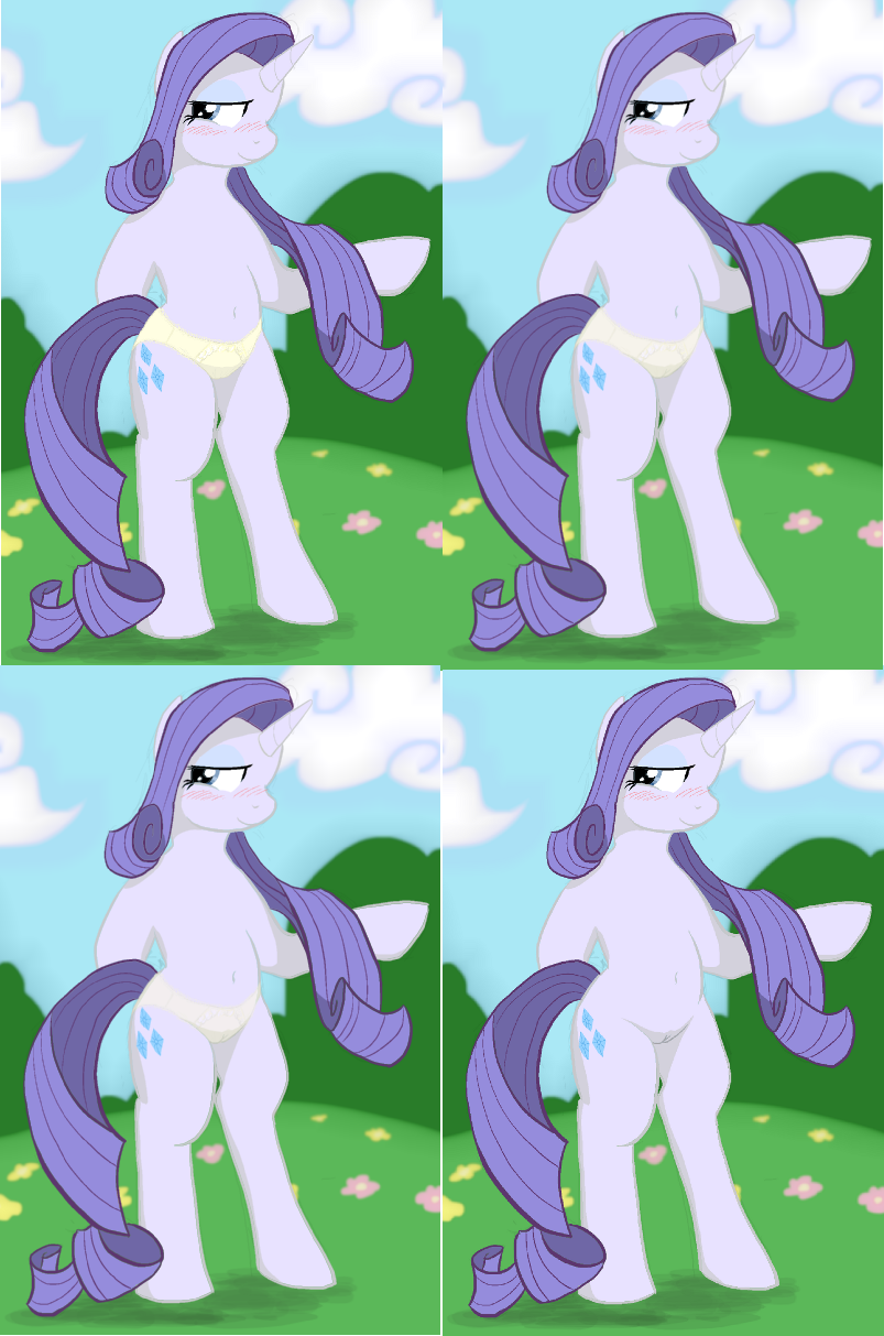 anthro anthrofied blue_eyes blue_hair blush bush camel_toe cloud cutie_mark equine female flower friendship_is_magic fur grassland hair horn mammal my_little_pony outside panties pose purple_hair pussy rarity_(mlp) seidouryu solo underwear unicorn white_fur