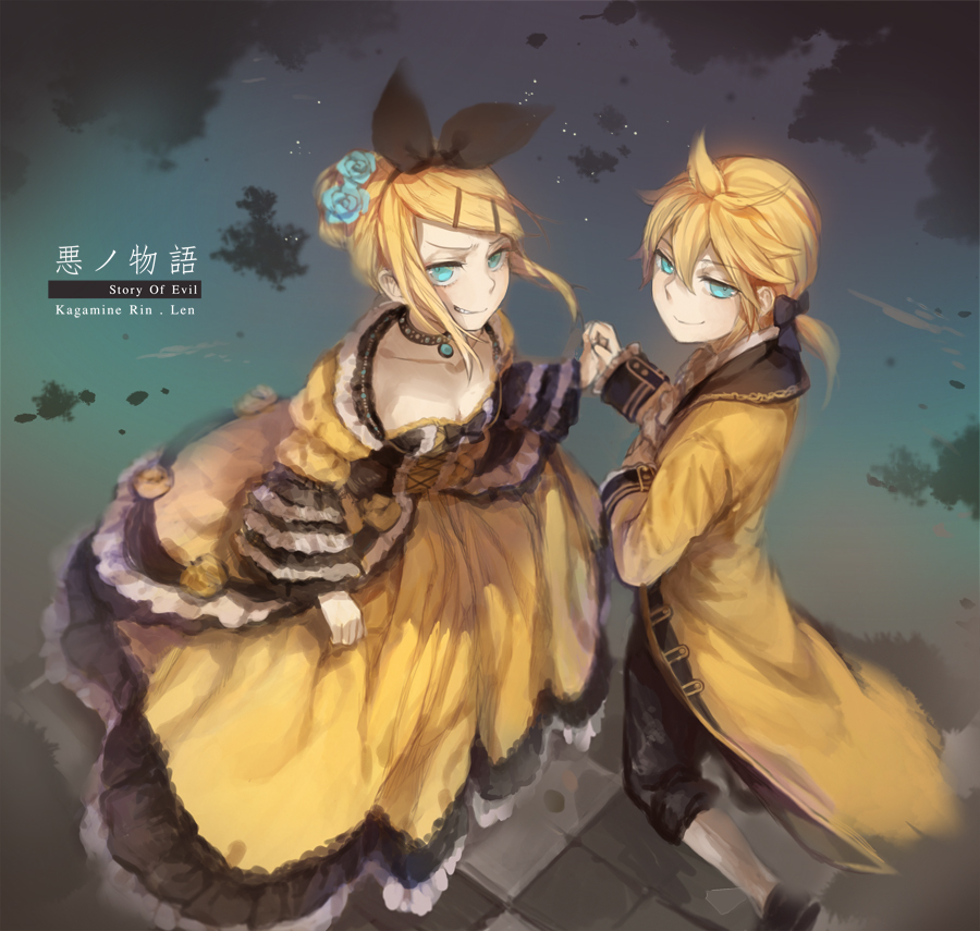 1girl aku_no_musume_(vocaloid) allen_avadonia bad_id bad_pixiv_id blonde_hair blue_eyes bow breasts brother_and_sister checkered checkered_floor cleavage collar collarbone dress evil_grin evil_smile evillious_nendaiki flower formalin grin hair_bow hair_flower hair_ornament hairclip holding_hands jewelry kagamine_len kagamine_rin looking_up riliane_lucifen_d'autriche short_ponytail siblings small_breasts smile twins vocaloid