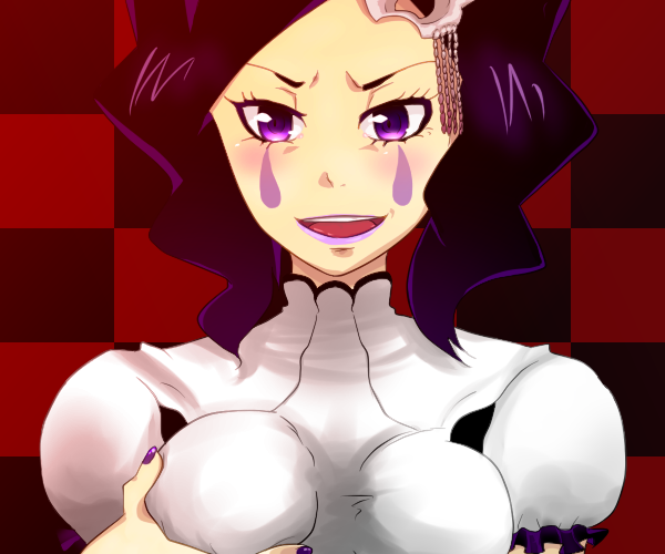 1girl arrancar bleach blush breast_grab breasts checkered checkered_background cirucci_sanderwicci facial_mark grabbing hair_ornament lipstick makeup nail_polish open_mouth puffy_sleeves purple_eyes purple_hair purple_lipstick purple_nails self_fondle short_twintails smile twintails wavy_hair