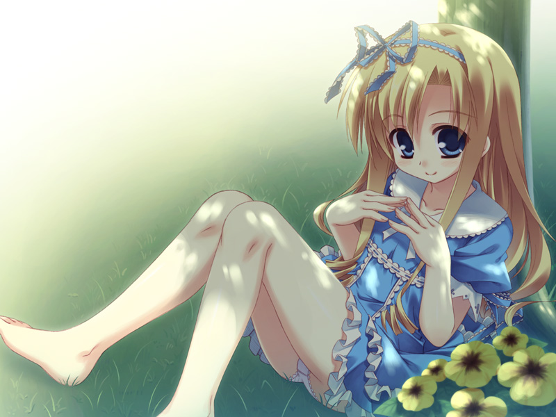 against_tree bare_legs barefoot blonde_hair blue_dress blue_eyes dappled_sunlight dress hair_ribbon hands_on_own_chest long_hair looking_at_viewer moriguchi_yuu original puffy_short_sleeves puffy_sleeves ribbon short_sleeves solo sunlight tree