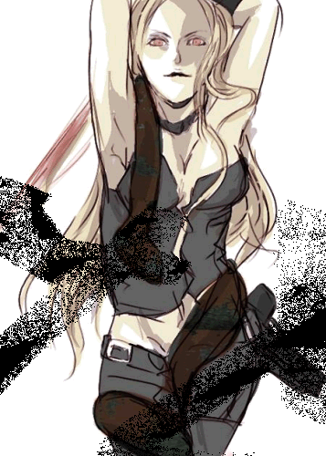 armpits artist_request belt collarbone devil_may_cry expressionless looking_at_viewer lowres parted_lips red_eyes shaded_face simple_background solo standing stretch trish_(devil_may_cry) white_background