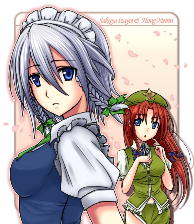 beret blue_dress braid breasts china_dress chinese_clothes dress expressionless green_dress green_eyes hat hong_meiling izayoi_sakuya kaguyahime large_breasts looking_at_viewer maid_headdress multiple_girls puffy_short_sleeves puffy_sleeves red_hair short_sleeves silver_hair star touhou twin_braids