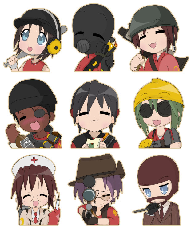 :3 =_= aiming_at_viewer alcohol balisong bandaged_hands bandages bandolier baseball_bat black_hair blazer blue_eyes bottle brown_hair character_request chibi closed_eyes cosplay cowboy_hat dark_skin everyone explosive eyepatch fire food formal gas_mask gas_tank glasses gloves goggles green_hair grenade gun hardhat hat headset helmet holding holding_baseball_bat holding_bottle holding_food holding_gun holding_knife holding_syringe holding_weapon jacket jewelry knife lucky_star mask multiple_girls necklace necktie nurse nurse_cap open_mouth overalls parody pencil-chan purple_hair red_cross red_gloves red_neckwear rifle rocket_launcher rpg sandvich sandwich sniper_rifle suit sunglasses syringe team_fortress_2 the_demoman the_demoman_(cosplay) the_engineer the_engineer_(cosplay) the_heavy the_heavy_(cosplay) the_medic the_medic_(cosplay) the_pyro the_pyro_(cosplay) the_scout the_scout_(cosplay) the_sniper the_sniper_(cosplay) the_soldier the_soldier_(cosplay) the_spy the_spy_(cosplay) vest weapon wrench