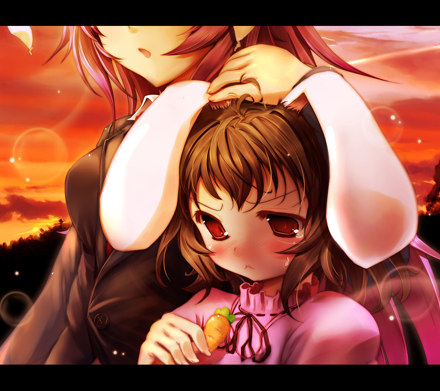 animal_ears blazer brown_hair bunny_ears carrot carrot_necklace hand_on_another's_head height_difference inaba_tewi jacket jewelry lens_flare long_hair multiple_girls necklace pendant purple_hair red_eyes reisen_udongein_inaba ribbon scarlet_(studioscr) sunset tears touhou