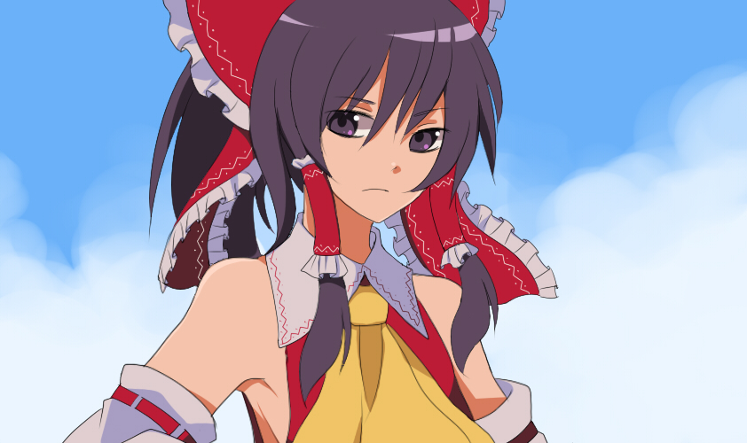 ascot bad_id bad_pixiv_id banned_artist blue_sky brown_eyes brown_hair cloud collar day detached_sleeves expressionless hakurei_reimu harano ribbon-trimmed_sleeves ribbon_trim sidelocks sky solo touhou upper_body vest