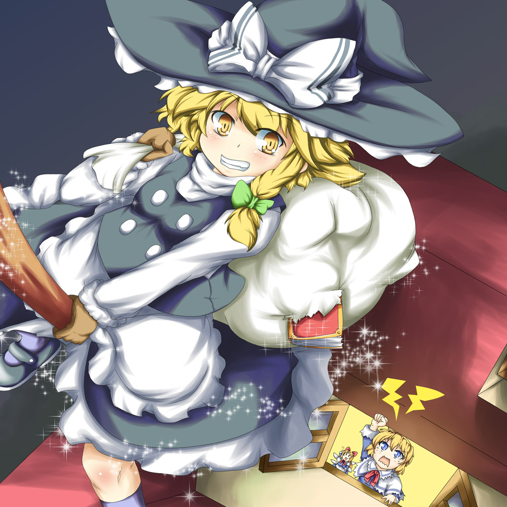 :d alice_margatroid angry bad_id bad_pixiv_id bag bangs blonde_hair blue_eyes blush body_blush book bow braid broom broom_riding brown_gloves capelet d: doll dutch_angle flying gloves grin hair_bow hat hat_bow house kirisame_marisa konata_gazel kotoyoro long_hair mary_janes multiple_girls necktie new_year open_mouth outdoors over_shoulder raised_fist ribbon sack shanghai_doll shoes short_hair side_braid skirt skirt_set smile sparkle theft touhou v-shaped_eyebrows waving white_bow white_legwear window witch witch_hat yellow_eyes