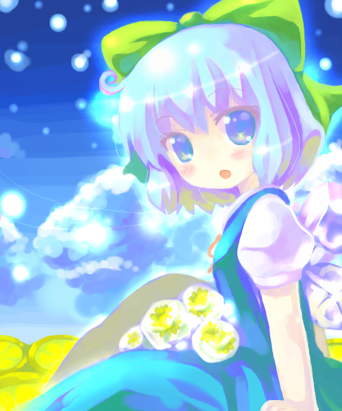 23_(candy_chapus) :d ahoge blue_dress blue_eyes blue_hair blush bow cirno cloud day dress flat_chest from_side glowing hair_bow ice ice_wings light_particles mountain neck_ribbon no_nose open_mouth outdoors puffy_sleeves ribbon short_sleeves sitting sky smile solo touhou wings