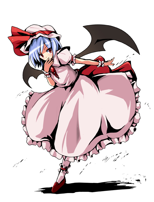 bad_id bad_pixiv_id bat_wings blue_hair covering_mouth fa_no_hito full_body hand_over_own_mouth hat red_eyes remilia_scarlet ribbon short_hair simple_background solo standing standing_on_one_leg touhou wings wrist_cuffs