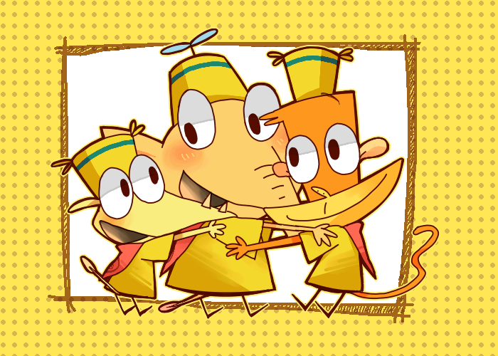 ?? camp_lazlo clam clam_(camp_lazlo) elephant group_hug hat hug lazlo male mammal monkey primate raj rhinoceros shiro_suzu smile spider_monkey