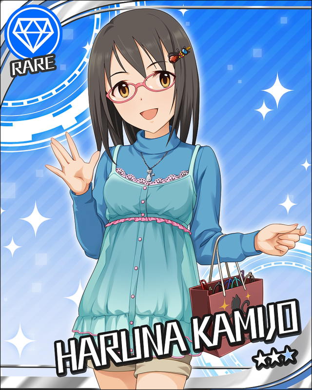 bag black_hair blue_background brown_eyes camisole camisole_over_clothes card_(medium) character_name diamond_(symbol) glasses hair_ornament hairclip idolmaster idolmaster_cinderella_girls jewelry jpeg_artifacts kamijou_haruna looking_at_viewer necklace official_art paper_bag pendant pink-framed_eyewear shopping_bag shorts smile solo turtleneck