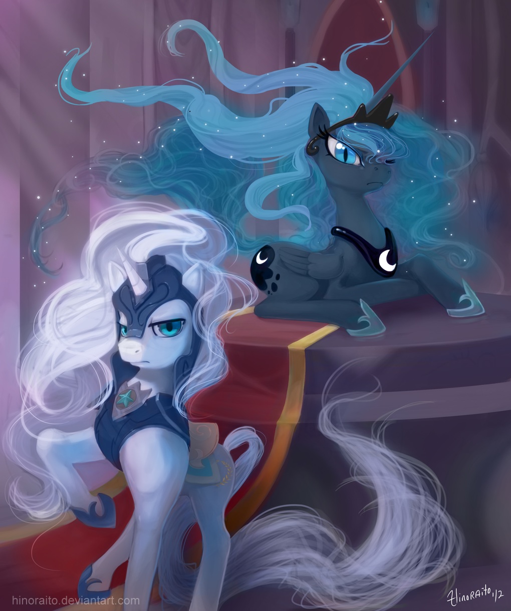 blue_hair cutie_mark duo equine female feral friendship_is_magic hair helmet hi_res hinoraito horn horse mammal my_little_pony pony princess_luna_(mlp) unicorn white_hair winged_unicorn wings