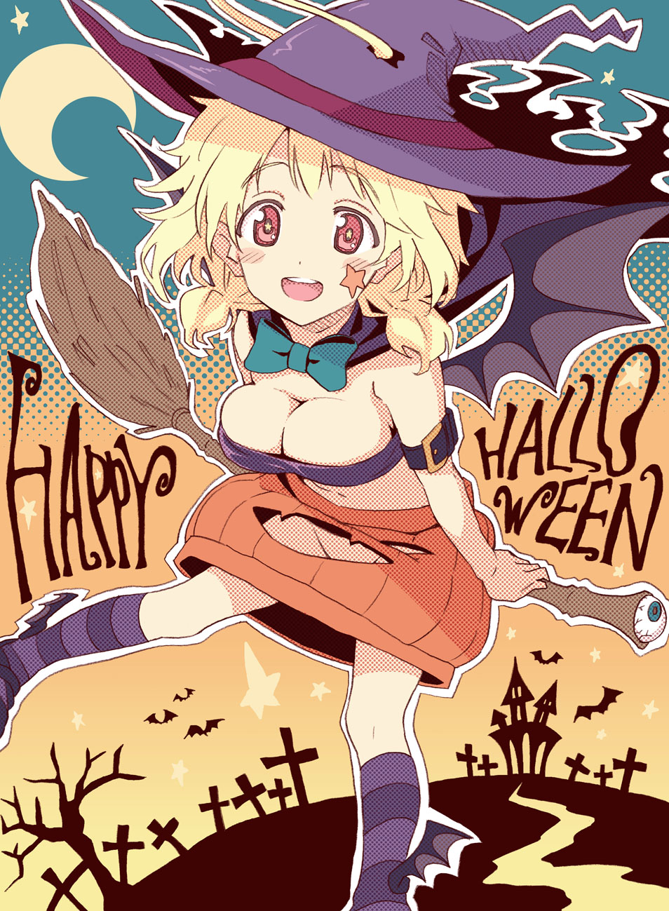 :d aine_(boku_ga_tenshi_ni_natta_wake) bandeau bare_tree bat bat_wings blonde_hair blush_stickers boku_ga_tenshi_ni_natta_wake bow breasts broom cape cleavage crescent cross crotch_cutout eyeball fujimaru_(bluebrand) halloween halo happy_halloween hat highres jack-o'-lantern jack-o'-lantern_cutout low_twintails mary_janes medium_breasts open_mouth pumpkin_skirt red_eyes shoes smile solo star star-shaped_pupils striped striped_legwear symbol-shaped_pupils tree twintails wings witch_hat