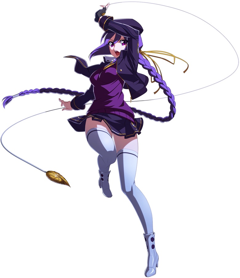 boots braid eltnum etherlite french-bread gloves hat long_hair melty_blood miniskirt official_art purple_eyes purple_hair single_braid single_glove sion_eltnam_atlasia skirt solo thigh_boots thighhighs tsukihime under_night_in-birth weapon wire yoshihara_seiichi