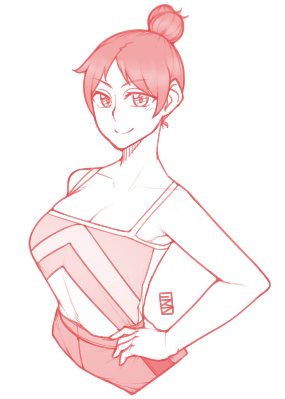 1girl bare_shoulders breasts cleavage collarbone cropped_torso ekz_(drawfag) eyebrows_visible_through_hair hair_bun hand_on_hip highres large_breasts looking_at_viewer monochrome original red shirt_tucked_in simple_background sketch sleeveless smile solo tank_top upper_body white_background