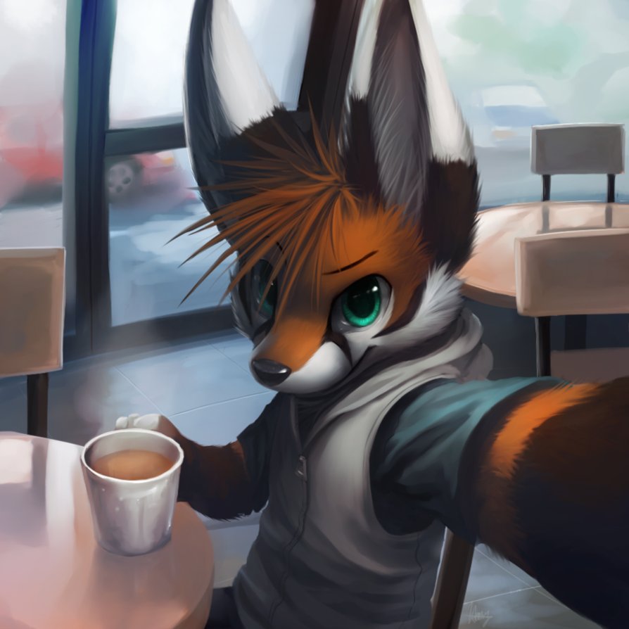 building cafe canine car cars chair chairs clothing coffee cup dreamworks_face drink fox fur green_eyes inside looking looking_at_viewer male mammal orange_fur public room selfie sitting slice_of_life solo table tables teacup thanshuhai