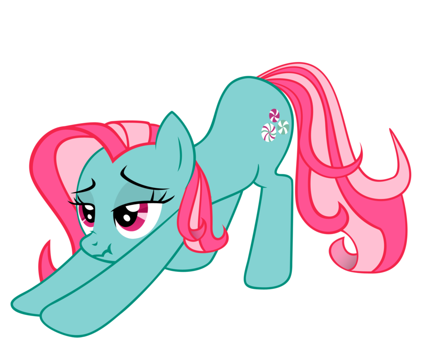 ass_up bedroom_eyes cutie_mark equine female fur g3 green_fur hair horse luckysmores mammal minty_(mlp) my_little_pony pink_hair plain_background pony purple_eyes red_eyes scrunchy_face solo stretching transparent_background two_tone_hair