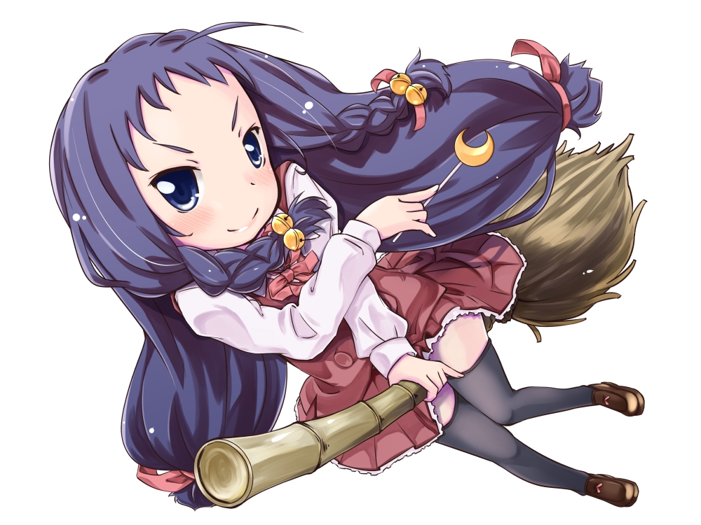 ayase_yue blue_eyes braid broom broom_riding foreshortening long_hair mahora_academy_middle_school_uniform mahou_sensei_negima! mayuge_inu purple_hair school_uniform smile thighhighs twin_braids wand