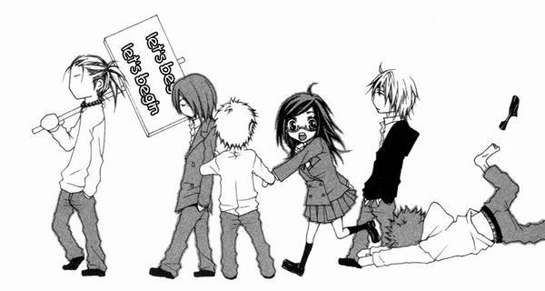 5boys artist_request everyone five_(manga) greyscale hard_translated jpeg_artifacts monochrome multiple_boys translated tripping