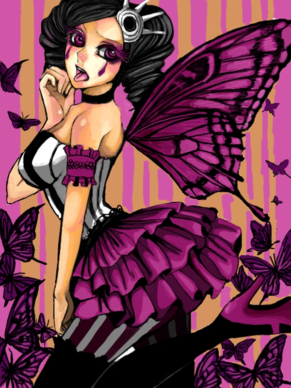 1girl arm_garter arrancar bare_shoulders black_hair black_legwear bleach breasts butterfly butterfly_wings choker cirucci_sanderwicci corset drill_hair eyeshadow facial_mark frills garters hair_ornament high_heels makeup open_mouth purple_eyes purple_skirt shoes short_twintails skirt solo thighhighs tongue tongue_out twin_drills twintails wings