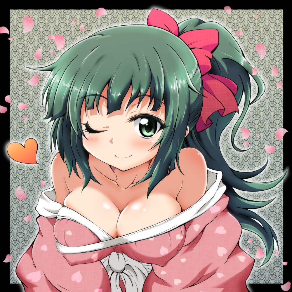 ;) bare_shoulders blush border bow breasts bursting_breasts cleavage collarbone covered_nipples green_eyes green_hair hair_bow heart heart_print hidamari_sketch japanese_clothes kimono large_breasts long_hair maru_takeo one_eye_closed petals ponytail seigaiha smile solo yoshinoya