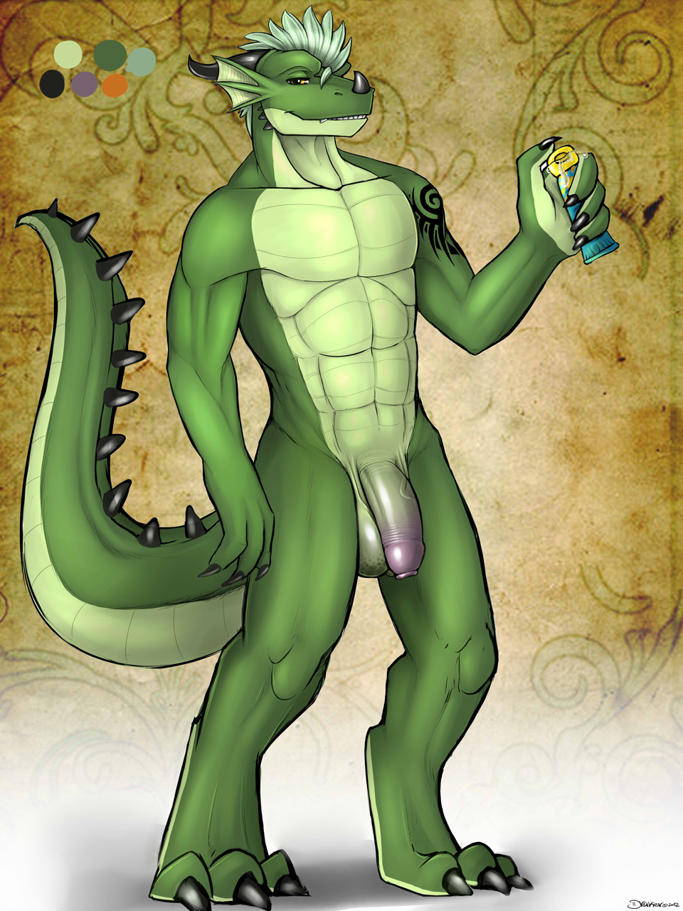 abs anthro balls biceps big_muscles big_penis claws dragon dreiker erection flaccid green_dragon half-closed_eyes handsome horn long_foreskin looking_at_viewer lube male muscles nude paws pecs penis presenting scalie solo tattoo teeth tharis uncut yellow_eyes