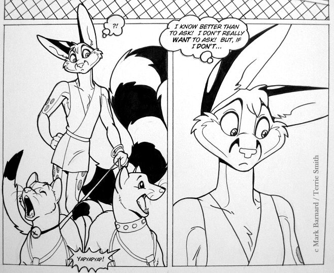 anthro black_and_white cacomistle chester_ringtail_magreer clothed clothing comic english_text feral havoc_inc. leash male mammal monochrome pets ringed_tail standing terrie_smith text