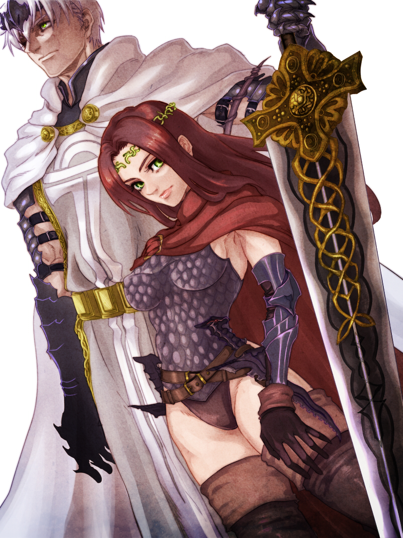 1girl arisen_(dragon's_dogma) armor bad_id bad_pixiv_id belt boots breasts cape circlet dagger dragon's_dogma gauntlets gloves green_eyes height_difference huge_weapon impossible_armor inuhiko_(istdog) laurel_crown leotard lips long_hair medium_breasts multiple_belts nose pawn_(dragon's_dogma) red_hair sword thigh_boots thighhighs weapon