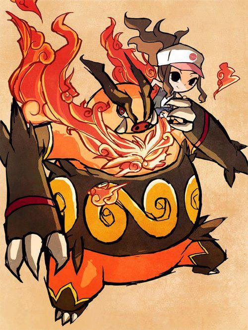 artist_request claws emboar fangs fire flames hat pokemon pokemon_(game) pokemon_bw san_(pixiv1002893) touko_(pokemon)