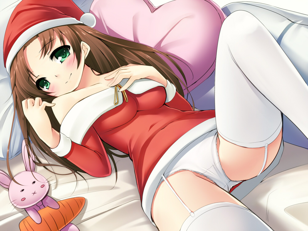 bare_shoulders bed blush breasts brown_hair bunny carrot christmas doll dress garter_straps green_eyes hat heart long_hair lying medium_breasts on_back original panties pillow santa_costume santa_hat smile solo stuffed_animal stuffed_bunny stuffed_toy tanakahazime thighhighs underwear white_legwear white_panties