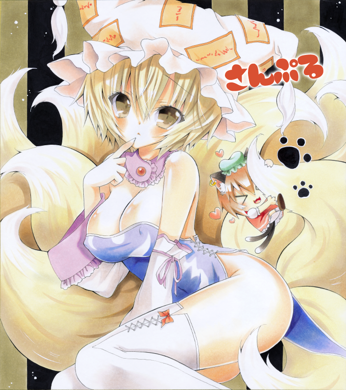 &gt;_&lt; animal_ears ayuayu bad_id bad_pixiv_id blush breasts cat_ears chen chibi cleavage closed_eyes covered_nipples earrings fox_tail hat heart jewelry large_breasts looking_at_viewer multiple_girls multiple_tails sample short_hair tail thighhighs touhou white_legwear yakumo_ran yellow_eyes