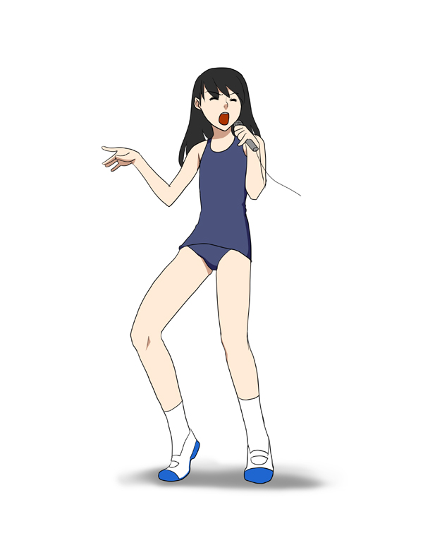 black_hair closed_eyes kusaka_souji microphone music one-piece_swimsuit original school_swimsuit shoes singing solo swimsuit uwabaki